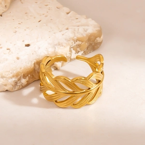 18k gold plated stainless steel open ring with hollow leaf design and adjustable band