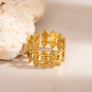 18K gold-plated stainless steel hollow crown ring with geometric open design for women