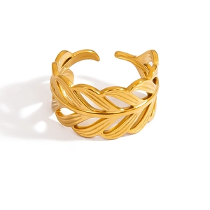 Detail of 18k gold plated stainless steel open ring featuring a hollow leaf design