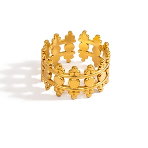 Polished 18K gold plated stainless steel open ring with hollow geometric patterns