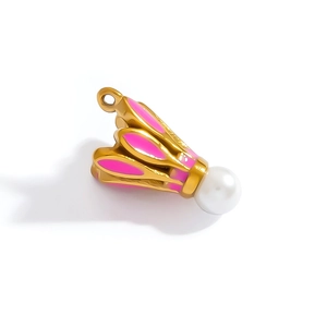 Ciondolo da badminton placcato oro 18K con smalto rosa e perla per collana