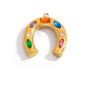 Polished 18K gold-plated horseshoe pendant with multi-colored gemstones in U-shape design