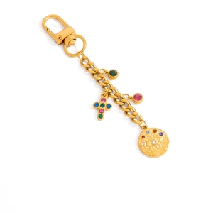 Porte-clés en acier doré 18K avec pendentifs croix colorée et breloque œil de protection