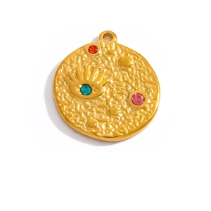 18K gold plated hammered texture round evil eye charm pendant with colorful stones