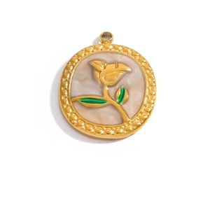 Retro 18K gold plated rose flower pendant with white marble inlay and green enamel leaf