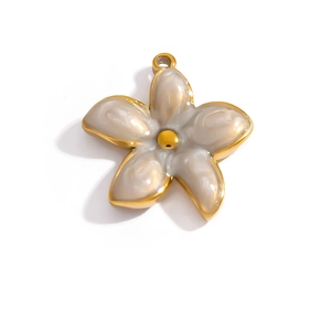 Elegant 18K gold plated stainless steel five-petal flower pendant with grey enamel inlay