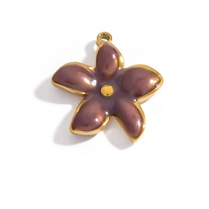 Detailed close-up of a purple enamel five-petal flower pendant with 18K gold plating