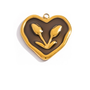 18K gold stainless steel heart pendant with brown enamel and golden tulip flower design