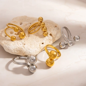 Minimalist 18K gold plated stainless steel geometric rings with spherical metal ball designs