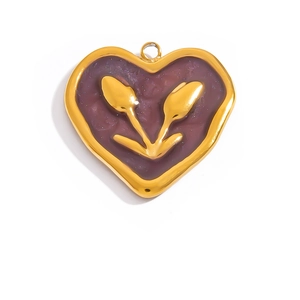 Detail of a gold heart pendant with purple enamel and two golden tulip floral motifs