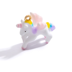 Cute white unicorn charm with rainbow tail and golden ring for jewelry making