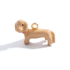 Cute light brown dachshund dog pendant with pink collar and gold ring for DIY jewelry