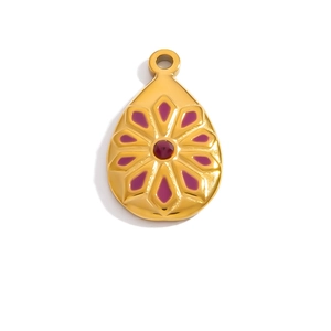 Detailed view of 18K gold plated teardrop charm with purple enamel and red zircon stone