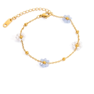 Bracelet en acier inoxydable plaqué or 18 carats avec fleurs bleues et blanches pour femme