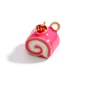 Pink Swiss roll cake pendant with strawberry charm and gold metal loop for DIY jewelry