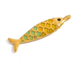 Exquisite 18K gold plated fish pendant with green and yellow enamel scales on white background