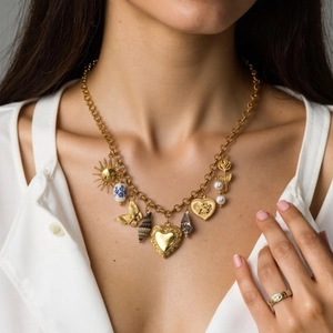 Collier Vintage en Acier Inoxydable Plaqué Or Avec Multi Pendentifs Coquillage Naturel Künstliche Perle Cœur Bijoux Mode Femme