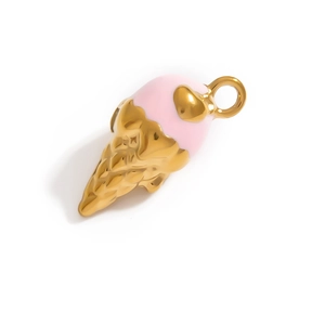 Detail of pink enamel ice cream cone charm with golden heart and waffle texture