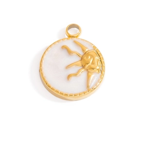 Detailed close-up of 18K gold sun relief pendant with white pearlescent base texture