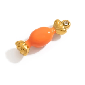 Detail of candy-shaped stainless steel pendant with orange enamel and gold-tone finish