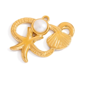 Detail of 18K gold plated pendant with sea star, shell and pearl nautical design