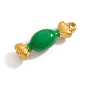Detail of candy-shaped pendant with 18K gold-plated base and green enamel finish