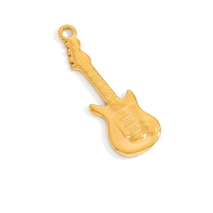 Detailed close-up of 18K gold-plated electric guitar pendant with intricate design