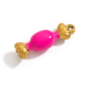 Macro detail of a candy-shaped enamel pendant with vibrant rose red and gold plating