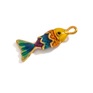 Detailed macro view of colorful enamel fish pendant with gold-plated articulating scales