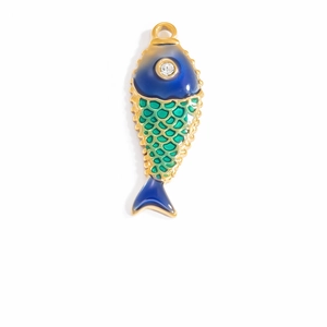 Ciondolo a forma di pesce placcato oro 18K con smalto blu e verde e zircone