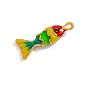 Macro detail of fish pendant with gold base and vibrant colorful enamel drip oil
