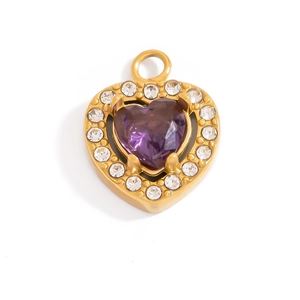 Detailed macro view of 18K gold heart pendant with purple crystal and white zircon inlay