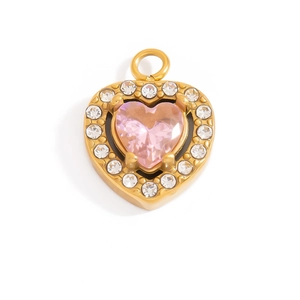 Detailed macro view of an 18K gold heart pendant with a faceted pink zircon stone