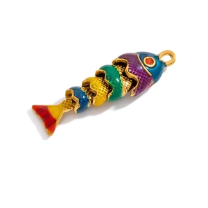 Articulated gold fish pendant with colorful enamel segments and orange gemstone eye