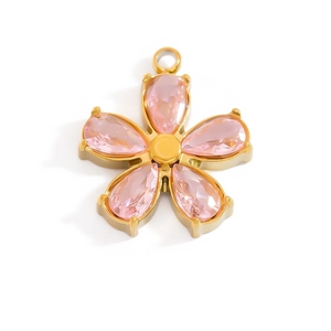 Elegant 18K gold plated flower pendant featuring five pink teardrop-shaped crystals