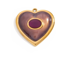 Detail of a purple heart-shaped pendant with 18K gold plated edge and top metal ring