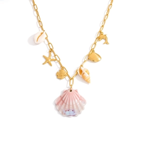 18K gold plated paperclip necklace with pearl shells and sea life charms for women