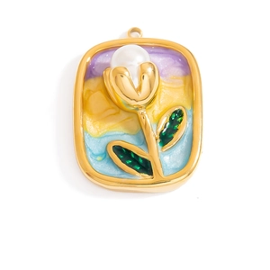 18K gold plated rectangular flower pendant with colorful enamel and pearl inlay