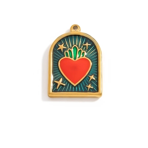 Detail of a sacred heart enamel pendant with red heart and 18K gold plated frame