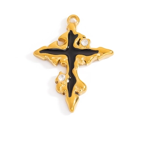 Gothic 18K gold-plated cross pendant with black enamel inlay and sparkling rhinestones