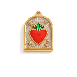 Detail of a 18K gold-plated arch pendant with red heart and green leaf enamel work