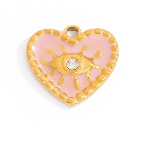 Pink enamel heart evil eye pendant with 18K gold plating and sparkling zircon stone