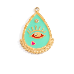 Detail of teardrop evil eye charm in 18K gold plating with mint enamel and pink heart