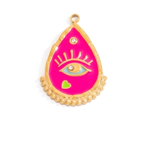 Macro shot of 18K gold plated teardrop pendant with pink enamel and evil eye detail