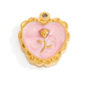 18K gold plated heart pendant with pink enamel and golden rose relief design