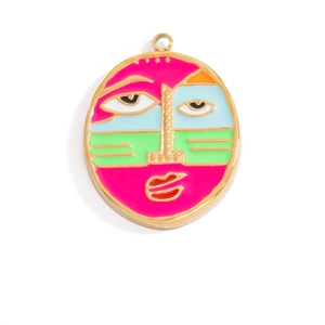 Detailed close-up of abstract face charm with colorful enamel in 18K gold plating