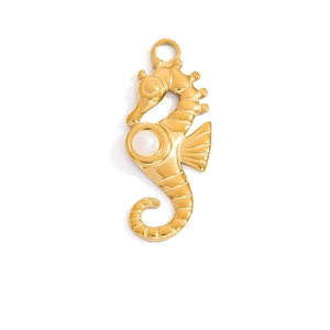 Detail of 18K gold plated seahorse pendant with white pearl inlay and intricate scale texture
