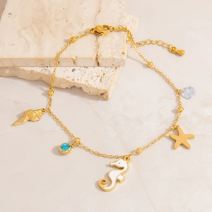 18K gold plated ocean anklet with starfish seahorse charms and colorful crystals