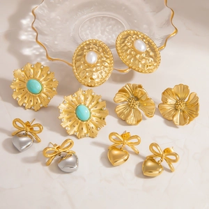 Pendientes de Acero Inoxidable de Moda para Mujer Galvanizado Oro 18K Flor Corazón Lazo Martillado Perla Artificial Pendientes
