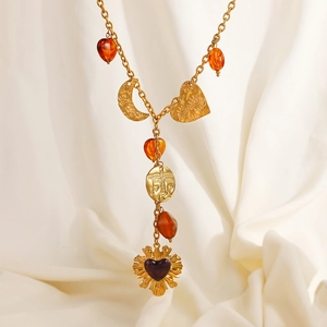 Vintage 18K Gold Plated Stainless Steel Multi Pendant Necklace Heart Moon Sun Face Evil Eye Beaded Jewelry Bohemian Ethnic Style Accessories